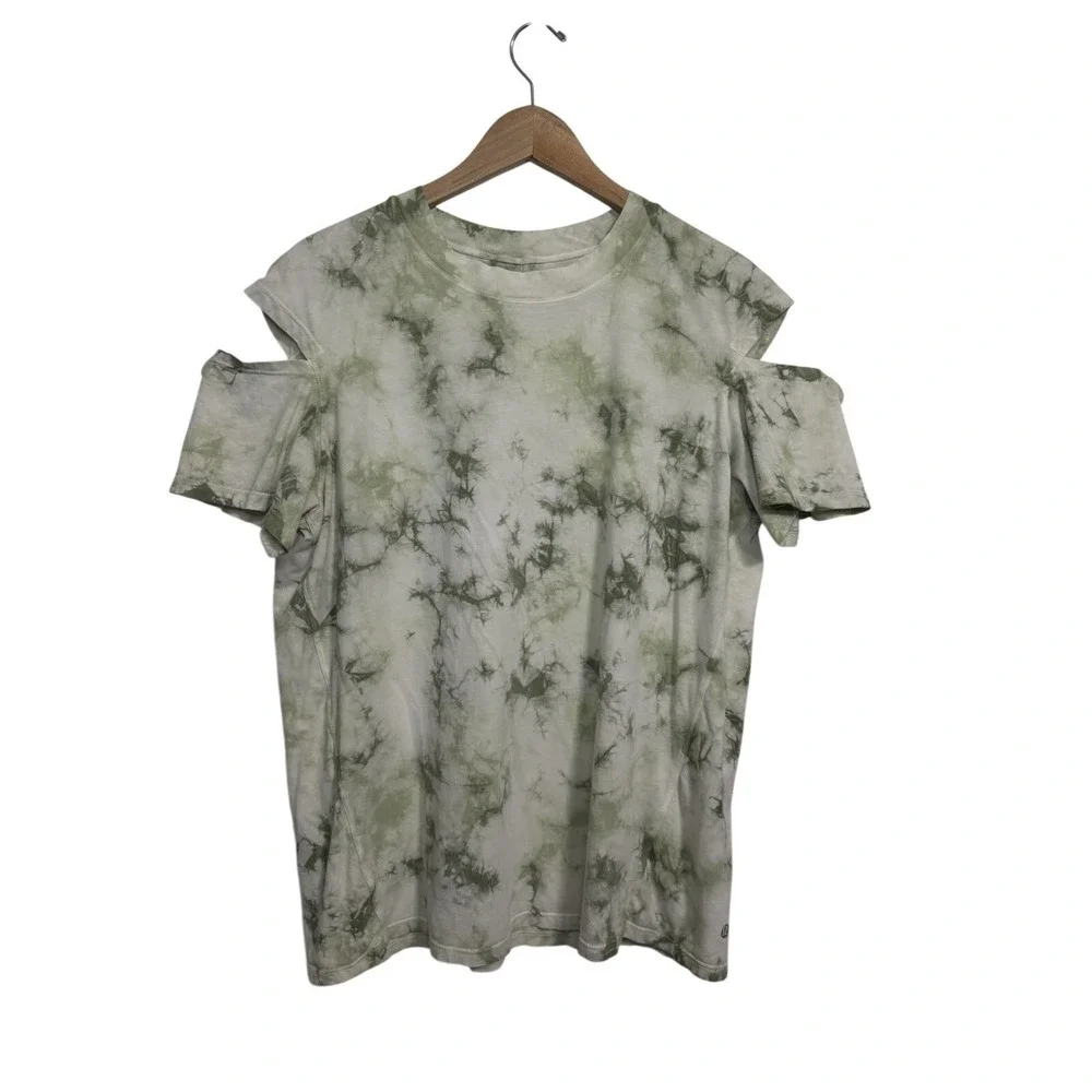 Lululemon Green Tie Dye Cut Out Shoulder Short Sleeve Tee Shirt Womens Size 8 - Picture 2 of 9